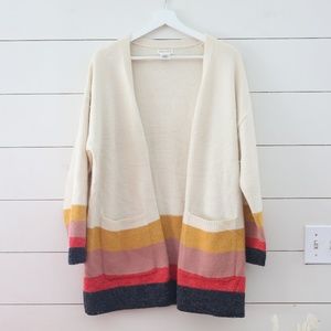 Main Strip Cream and Colorful Striped Bottom Long Cardigan with Pockets Size M